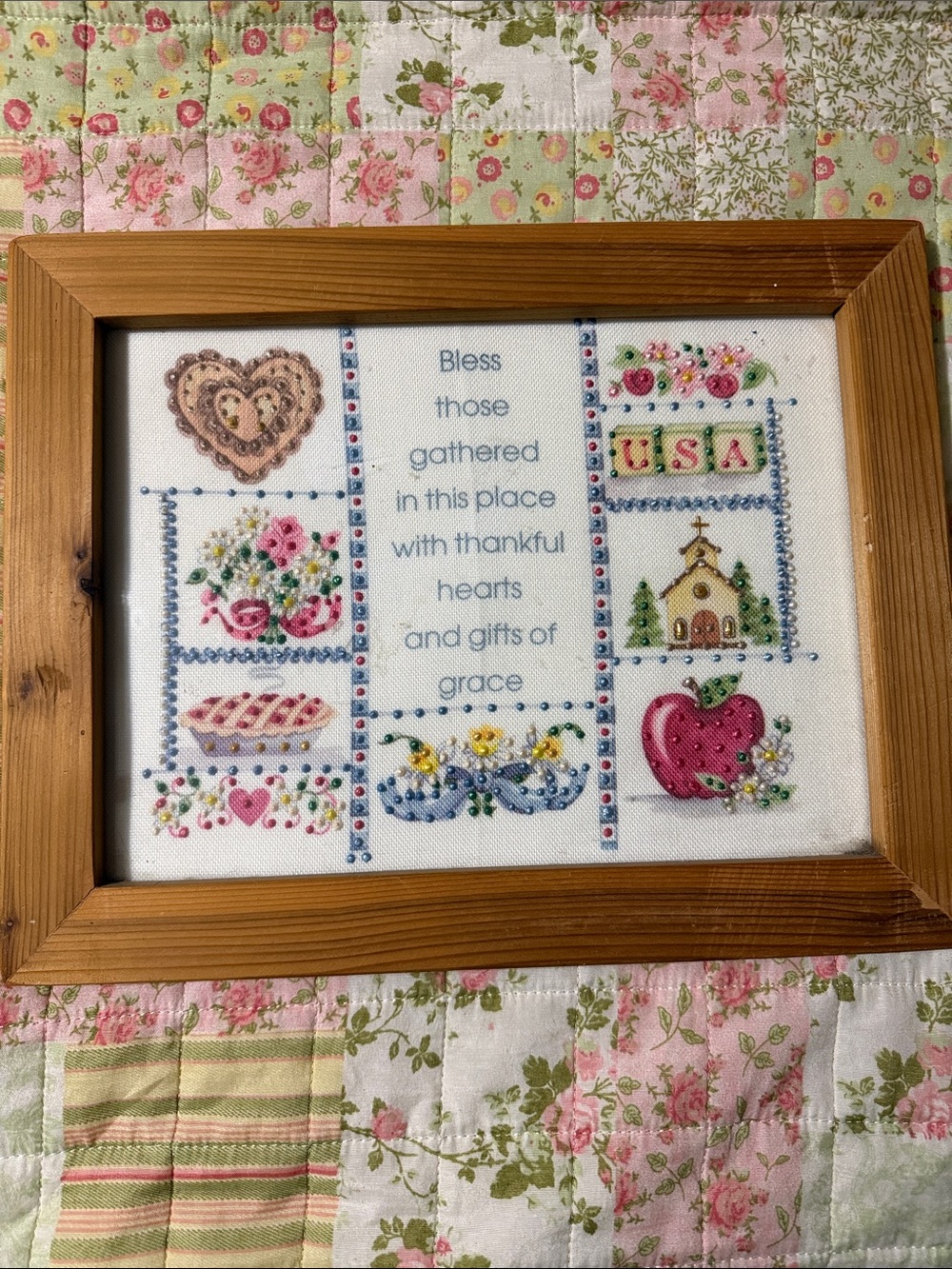 Embroidered Blessings Wall Art - Pink, Blue & Green 8” x 10” frame